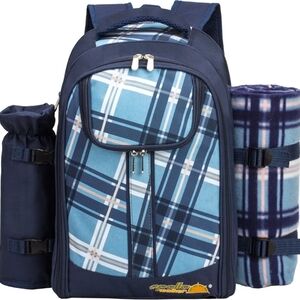 VonShef Plaid Blue 2 - person Picnic Backpack with Blanket New Without Tags